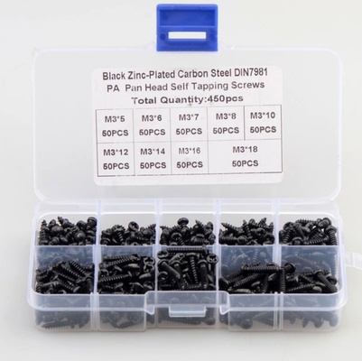ΑΛΛΟΥΣΗ Φυσικό χρώμα 450pcs M3 Χάλυβα άνθρακα Μαύρο PA Cross Pan Head Round Head Self Tapping Screw Combination Set Assortment Kit