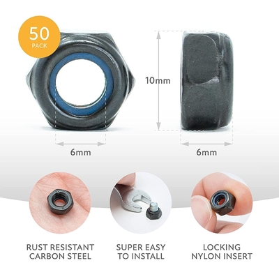 JIS Standard Self-Threading M6 Hex Nuts με αντι-δονήσεις Nylon Lock Insert από ανοξείδωτο χάλυβα 201/304/316 Μαύρο οξείδιο φινίρισμα
