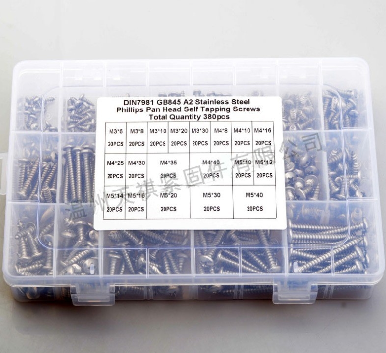 17*10*2.3 Σύνθεση συνδυασμού νάτλων βίδας 380pcs από ανοξείδωτο χάλυβα 304 din7981 κεφαλή σταυρού / στρογγυλή κεφαλή αυτο-πατσίματος m3m4m5 Συσκευή assortment
