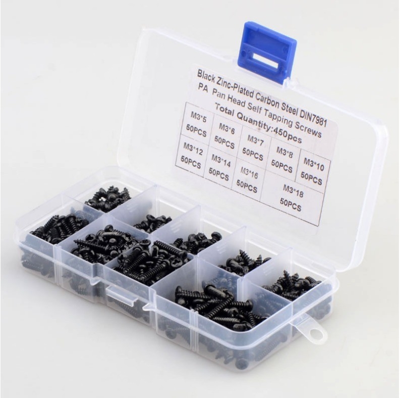 ΑΛΛΟΥΣΗ Φυσικό χρώμα 450pcs M3 Χάλυβα άνθρακα Μαύρο PA Cross Pan Head Round Head Self Tapping Screw Combination Set Assortment Kit
